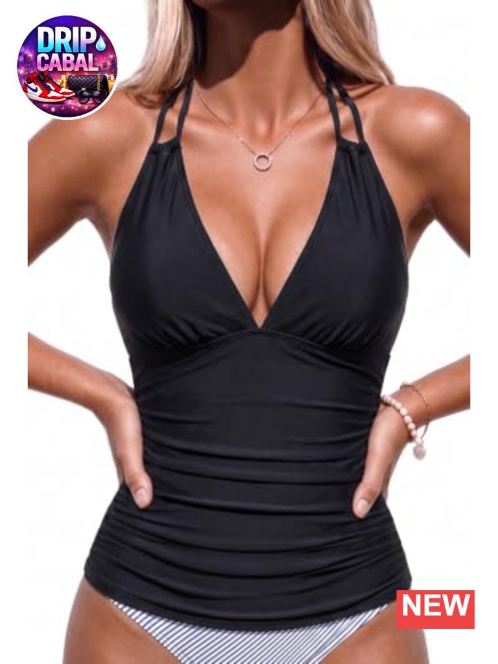 Halter Tankini Top V-Neck Tummy Control Swim Top